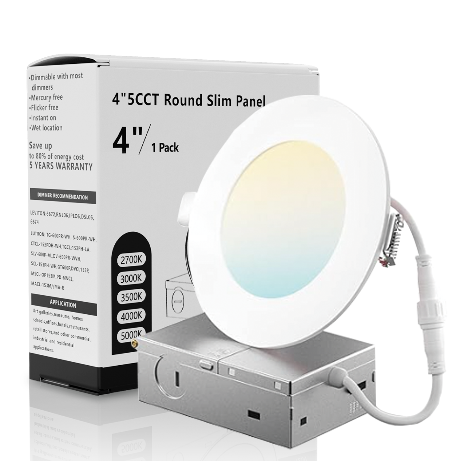 4 Inch LED Slim Panel Fire Rated Recessed Celing Light, 2700K-5000K Selectable, 630LM, IC & Damp Rated ETL & FCC, White Gielight